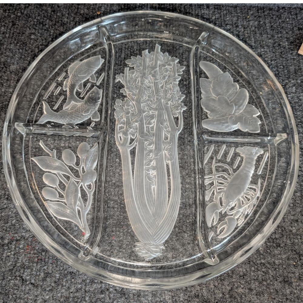 Vintage Indiana Glass Etched Frosted Intaglio Divided 10" Relish Tray